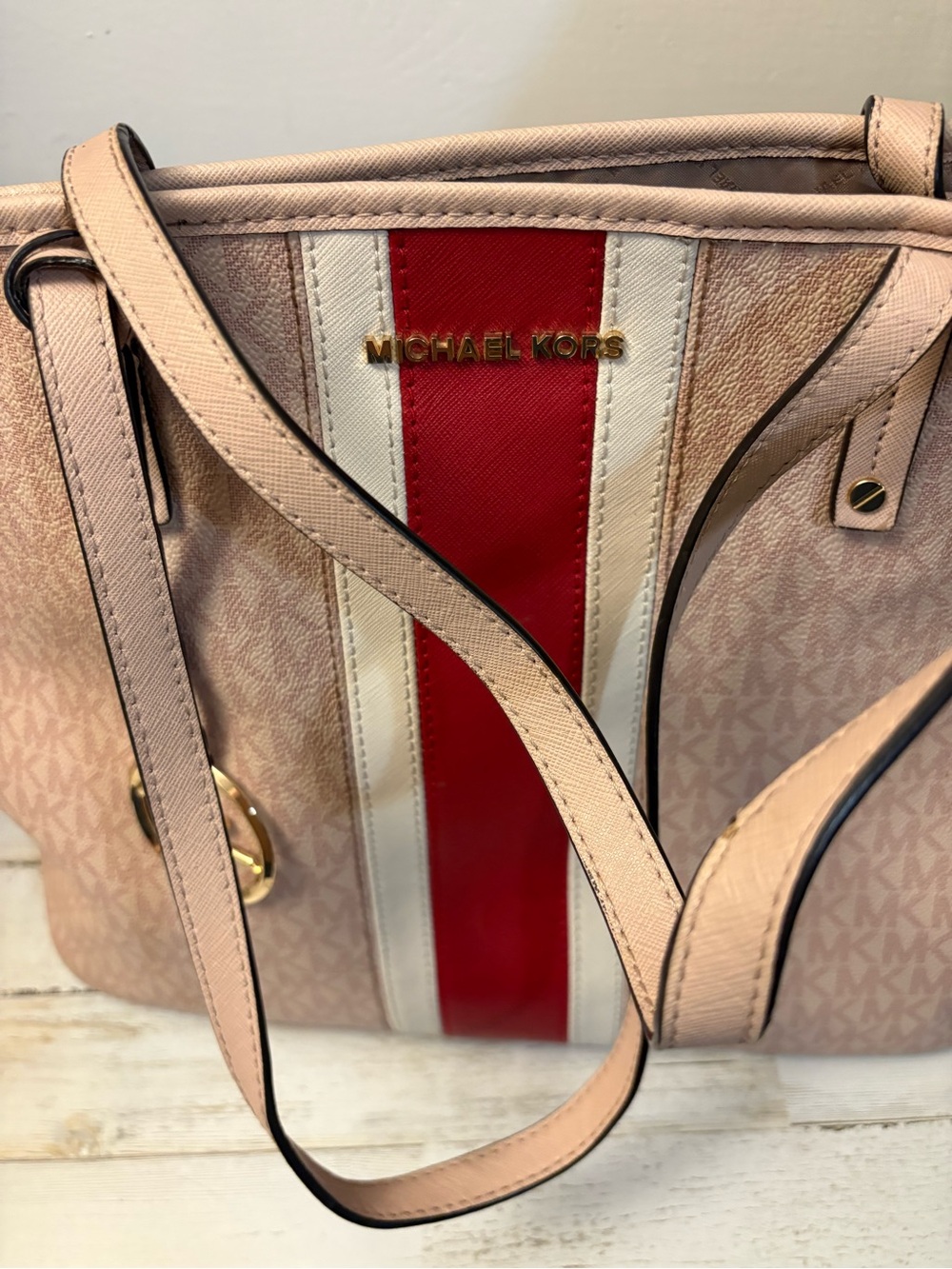 Michael Kors Pink Tote with Red & Cream Center Stripe - Picture 6 of 10